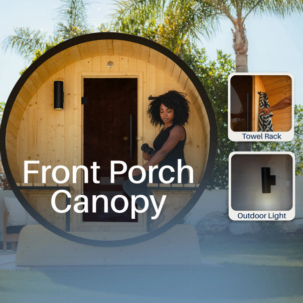 2–4 Person Outdoor Barrel Sauna with Canopy, Tinted Glass Door, and Harvia Heater