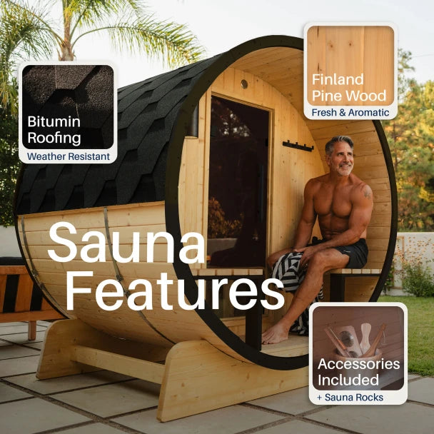 2–4 Person Outdoor Barrel Sauna with Canopy and Harvia Heater