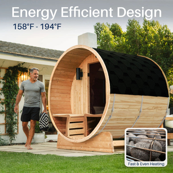 ALEKO Liatris Rustic Cedar Barrel Sauna with Front Porch Canopy - 5-6 Person