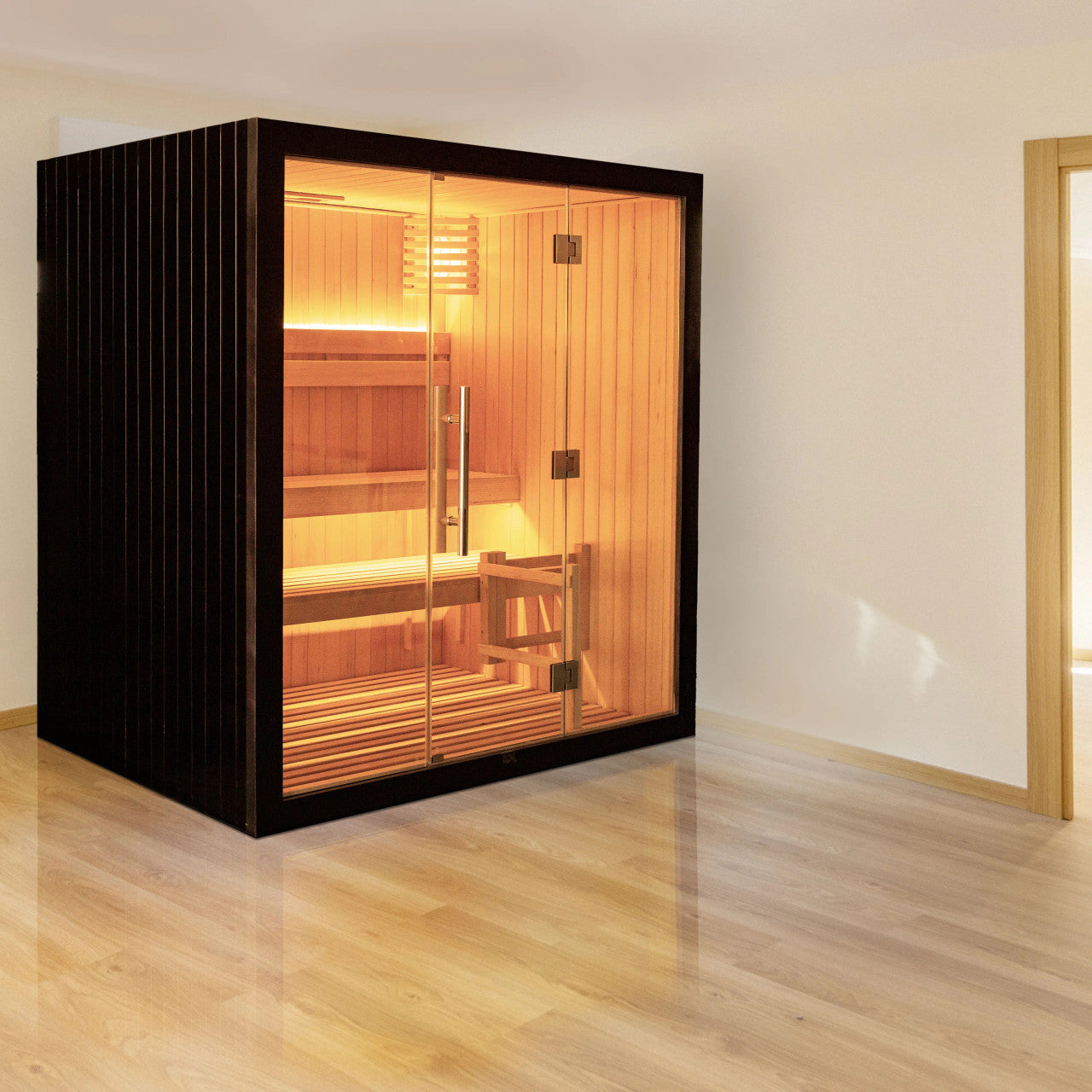 ALEKO Canadian Hemlock Traditional Indoor Sauna – 4.5 kW UL Certified Electric Harvia Heater – Black Finish - 4 Person