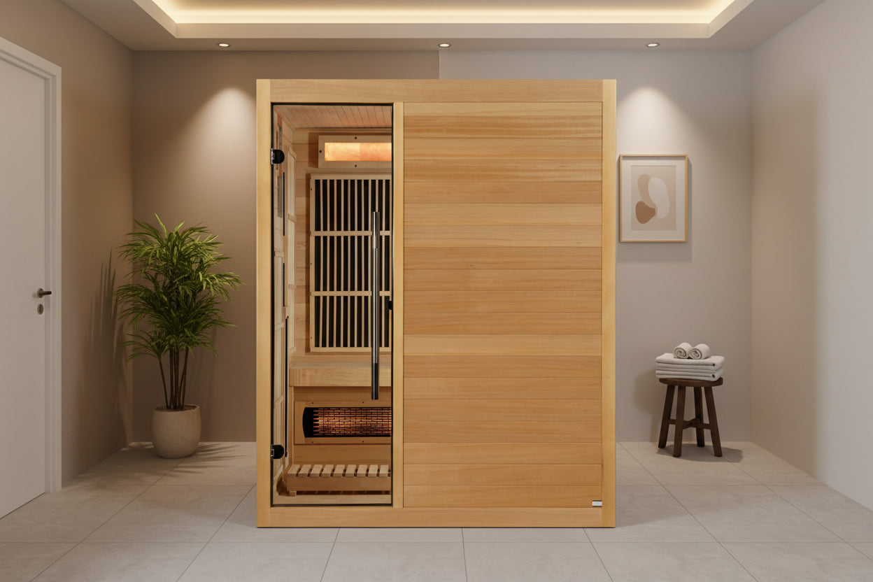 Golden Designs 3-Person Full Spectrum PureTech™ Near Zero EMF Infrared Sauna with Himalayan Salt Bar