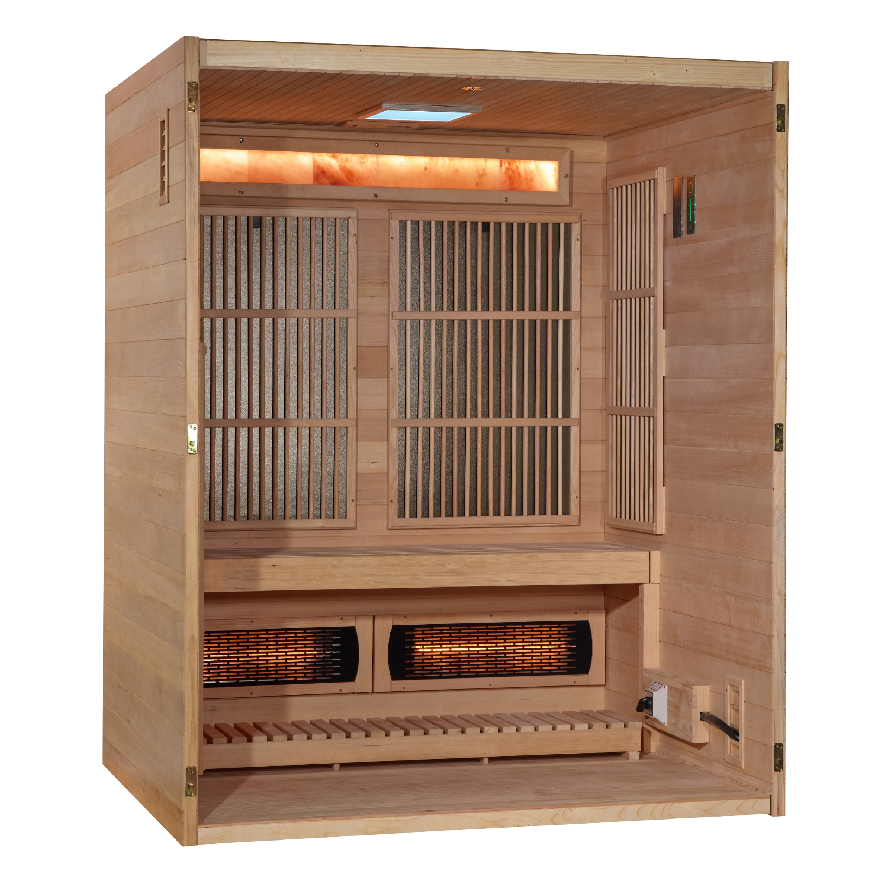 Golden Designs 3-Person Full Spectrum PureTech™ Near Zero EMF Infrared Sauna with Himalayan Salt Bar