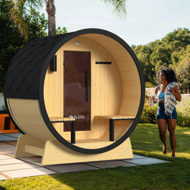 2–4 Person Outdoor Barrel Sauna with Canopy, Tinted Glass Door, and Harvia Heater