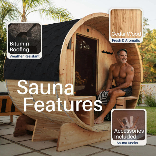 ALEKO Liatris Rustic Cedar Barrel Sauna with Front Porch Canopy - 5-6 Person